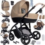Magic ZC PU Leather 3 in 1 Pushchair Pram Travel System, Baby Stroller 3 in 1 with Reversible Two Pushing Modes, Newborn Infant Carriage One-Click Folding, Toddler Buggy Aluminum Frame (Khaki 518)
