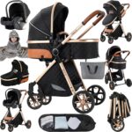 Magic ZC PU Leather 3 in 1 Pushchair Pram Travel System, Baby Stroller 3 in 1 with Reversible Two Pushing Modes, Newborn Infant Carriage One-Click Folding, Toddler Buggy Aluminum Frame (Khaki 518)