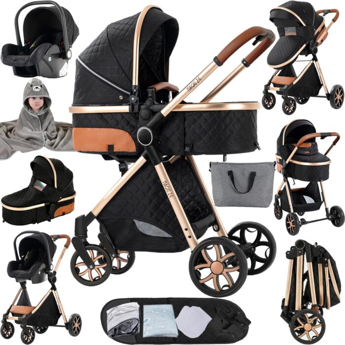 Magic ZC PU Leather 3 in 1 Pushchair Pram Travel System, Baby Stroller 3 in 1 with Reversible Two Pushing Modes, Newborn Infant Carriage One-Click Folding, Toddler Buggy Aluminum Frame (Khaki 518)