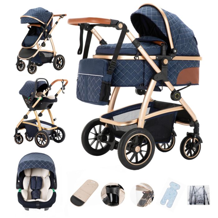 Gcarebb 3 in 1 Prams Travel System, Pushchair with Height Adjustable Handle, Travel Pram with Mosquito Net, Baby Stroller with Aluminum Frame for Newborn 0-4 Years
